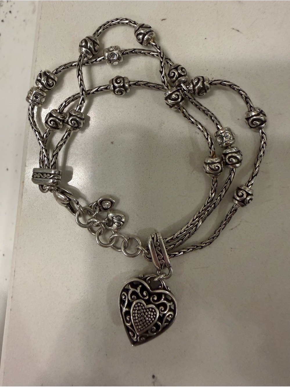 Brighton Silver Tone Multi-Strand Heart Charm Bracelet Crystal Accents